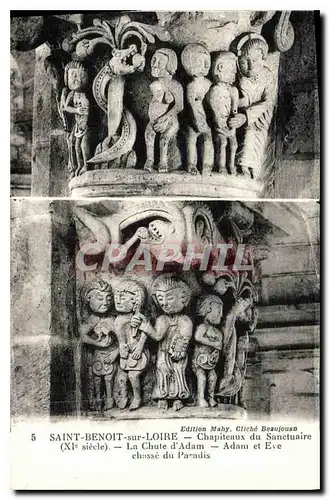 Cartes postales Saint Benoit sur Loire Chapiteaux du Sanctuaire XI siecle La Chute d'Adam Adam et Eve chasse du
