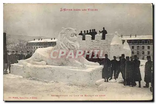 Cartes postales L'Hiver dans les Vosges Reproduction du Lion de Belfort en neige Militaria