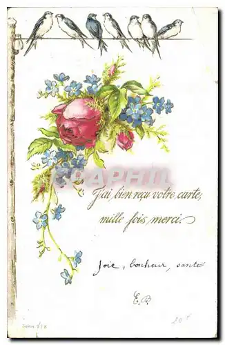 Cartes postales Fai Bien recu votre carte mille fois merci Fleurs Oiseaux