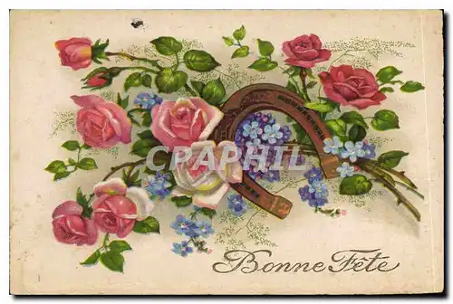 Cartes postales Bonne Fete Fleurs Fer a cheval