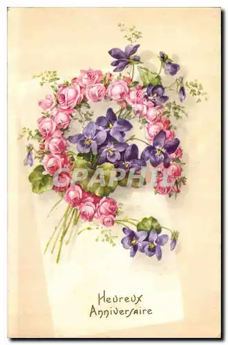 Cartes postales Heureux Anniversaire Fleurs Fer a cheval