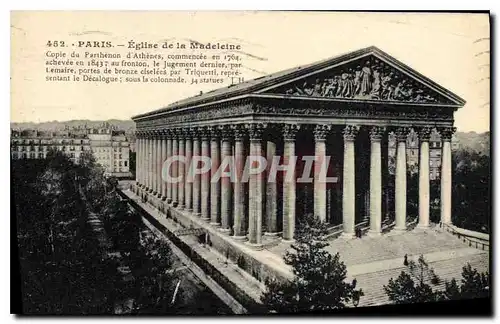 Cartes postales Paris Eglise de la Madeleine Copie du Partheon d'Athenes commencee en 1764 achevee en 1843