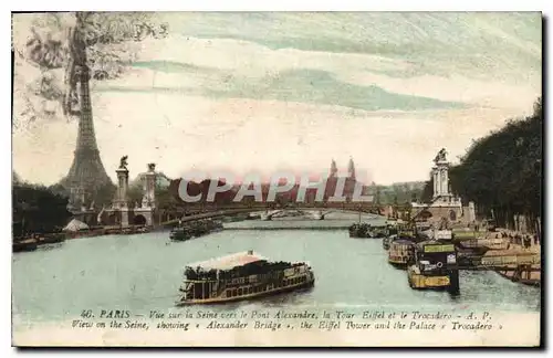 Ansichtskarte AK Paris Vue sur la Seine vers le Pont Alexandre La Tour Eiffel et le Trocadero Bateau