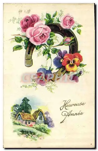 Cartes postales Heureuse Annee Fleurs Fer a cheval