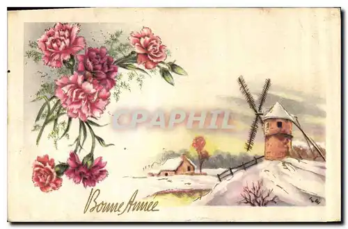 Cartes postales Bonne Annee fleurs Moulin a vent