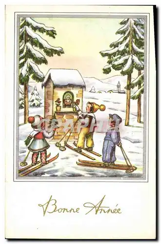 Cartes postales Bonne Annee Enfants ski
