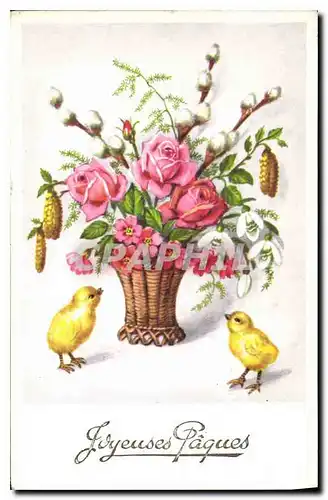 Cartes postales Joyeuses Paques Fleurs Poussins