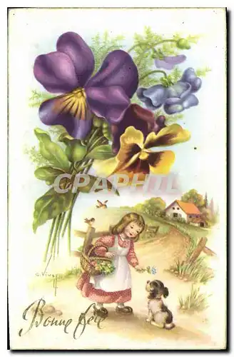 Cartes postales Bonne Fete fleurs Enfant Chien