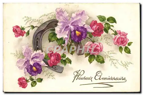 Cartes postales Heureux Anniversaire Fleurs Fer a cheval