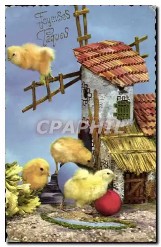 Cartes postales Joyeuses Paques Poussins Moulin a vent