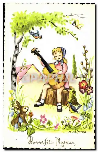 Cartes postales Bonne Fete Maman Enfant Guitare Lapin