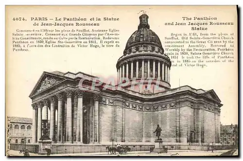 Cartes postales Paris le Pantheon et la statue de Jean Jacques Rousseau