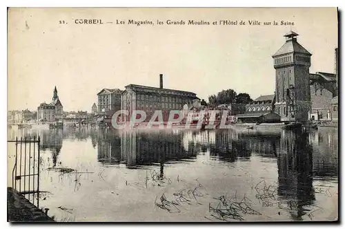 Cartes postales Corbeil Les Magasins les Grands Moulins et l'Hotel de ville sur la Seine