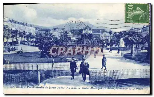 Cartes postales Nice vue d'ensemble du Jardin Public Au fond le Casino Municipal a droit Monument de la Poesie