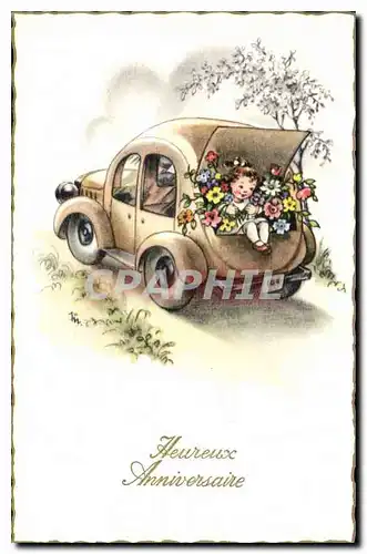 Ansichtskarte AK Heureux Anniversaire Enfant Automobile Fleurs