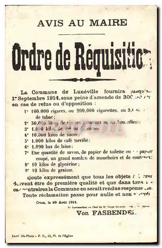 Ansichtskarte AK Avis au Maire Ordre de Requisition Luneville