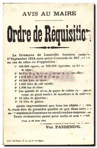 Cartes postales Avis au Maire Ordre de Requisition Luneville