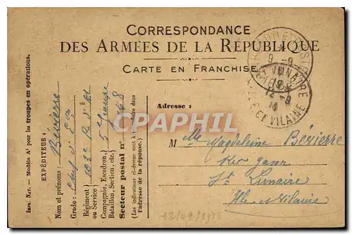 Carte en Franchise Militaire Berierre St Lunaire