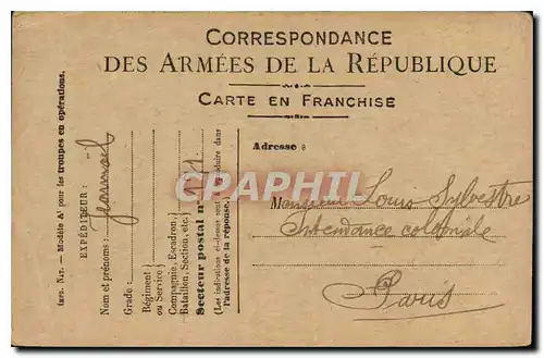 Carte en Franchise Militaire Sylvestre Paris