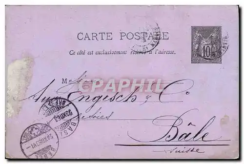 Entier Postal Sage 10c pour Bale Sisse 1883 Santois Lille