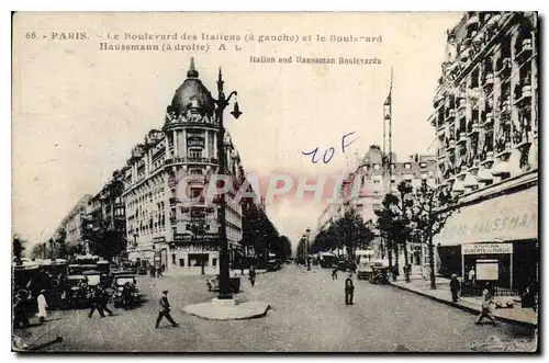 Cartes postales Paris Le Boulevard des Italiens a gauche et le Boulevard Haussmann a droite