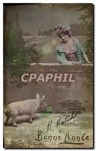 Cartes postales Bonne Annee Femme  cochon Porc