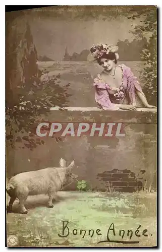 Cartes postales Bonne Annee Femme  cochon Porc