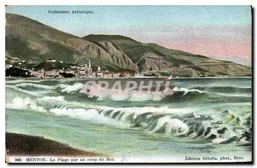 Cartes postales Collection Artistique Menton la Plage par un coup de Mer