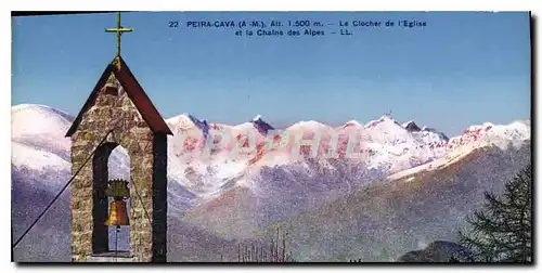 Cartes postales Peira cava AM Le Clocher de l'Eglise et la Chaine des Alpes