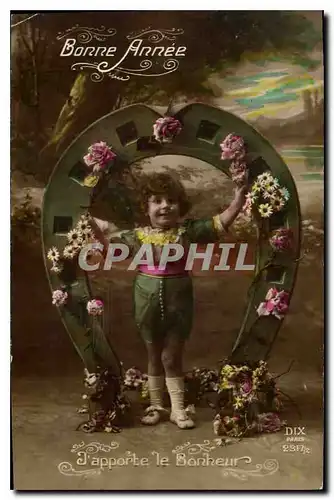 Cartes postales Bonne Annee J'apporte le Bonheur Enfant Fer a cheval