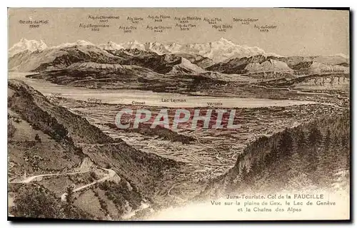 Cartes postales Jura Touriste Col de la Faucille Vue sur la Plaine de Gux le lac de Geneve et la Chaine des Alpe