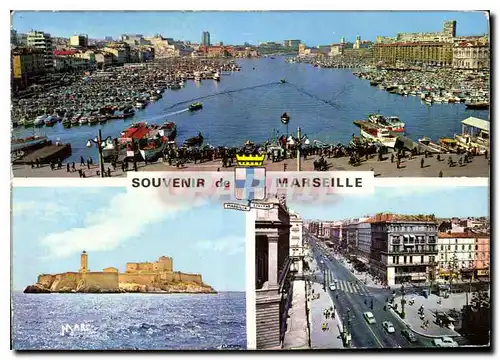 Moderne Karte Souvenir de Marseille Le Vieux Port Le Chateau d'If Le Canebiere