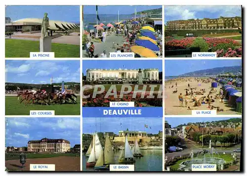 Cartes postales moderne Deauville Calvados La piscine Les planches Le Normandu Les courses Chevaux Place Morny Bateaux