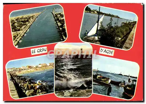 Moderne Karte Le Grau d'Agde Herault la plage le Canal ses bateaux de peche et les deux Phares a l'embouchure