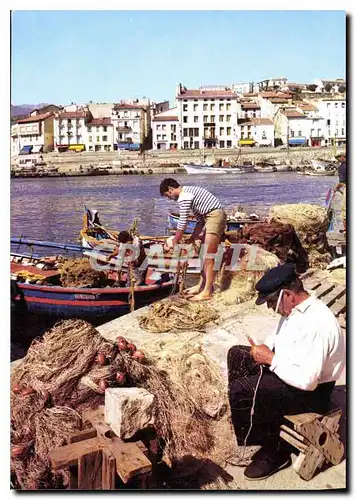 Moderne Karte Scenes de peche en Mediterranee Remmaillage de filets et bateaux de peche a quai
