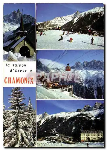 Moderne Karte La Saison d'hiver a Chamonix Chapelle des Praz Champs de ski Planpraz et les aiguilles Vue gener