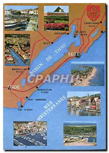 Moderne Karte Le Bassin de Thau Herault et ses villes environnantes Bouzigues Frontignan Marseillan Cap d'agde