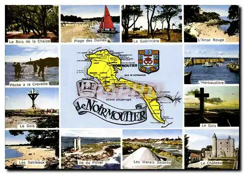 Moderne Karte Ile de Noirmoutier Vendee Le bois de la Chaize peche a le crevette L'Herbaudiere L'anse rouge La