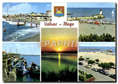 Moderne Karte Valras Plage Herault la plage et le phare l'Orb la Jetee coucher de Soleil Boulevard