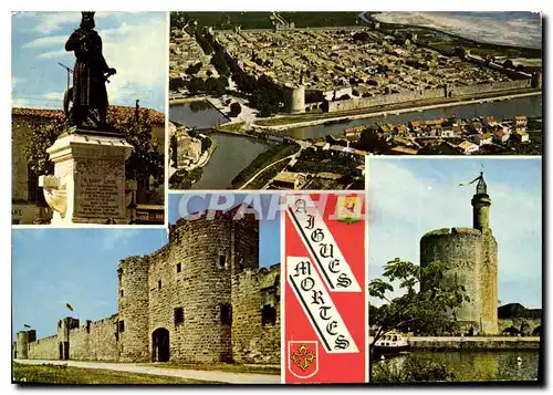 Cartes postales moderne Aigues Mortes Gard la Cite de Saint Louis la Statue de Saint Louis vue par avion les Remparts la