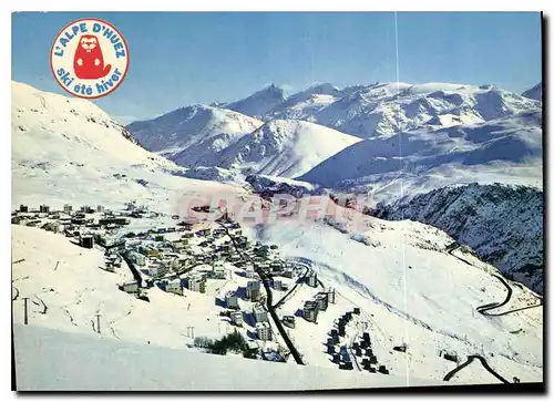 Moderne Karte Alpe d'Huez Isere Vue generale Grand Pic de la Meije Glacier du Mont de Lans et Aiguille du Plat