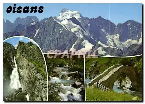 Cartes postales moderne Images de l'Oisans En haut la Barre des Ecrins En bas Cascade de la Pucelle et vieux pont sur le