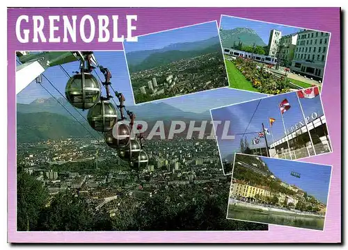 Moderne Karte Images de France Isere Grenoble Vue generale avec le telepherique le Tramway L'Isere les quais e