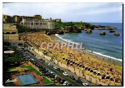 Moderne Karte Biarritz La Grande Plage et les deux Casinos au fond le Rocher de la Vierge