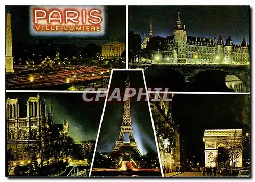 Cartes postales moderne Paris la nuit Place de la Concorde la Conciergerie la Cathedrale Notre Dame de Paris la Tour Eif