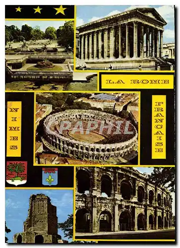 Cartes postales moderne Nimes Gard LaRome Francaise les Jardins de la Fontaine La Maison Carree les Arenes un jour de Co