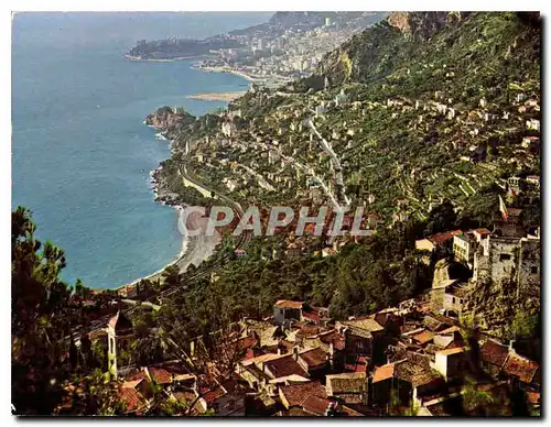 Moderne Karte La Cote d'Azur Roquebrune Village Vue generale le chateau du Xe s et vue sur Monaco Monte Carlo