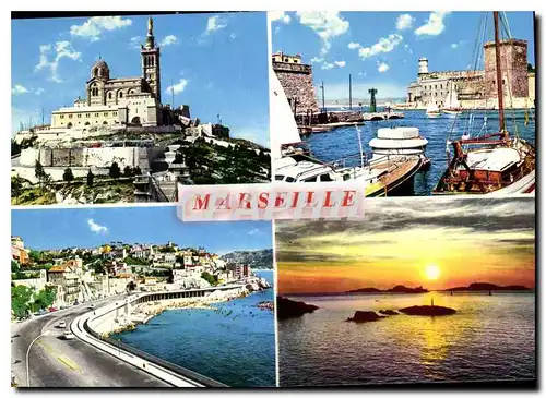 Cartes postales moderne Marseille Notre Dame de la Garde Entree du Port et Fort St Jean Plage du Prophete Coucher de Sol