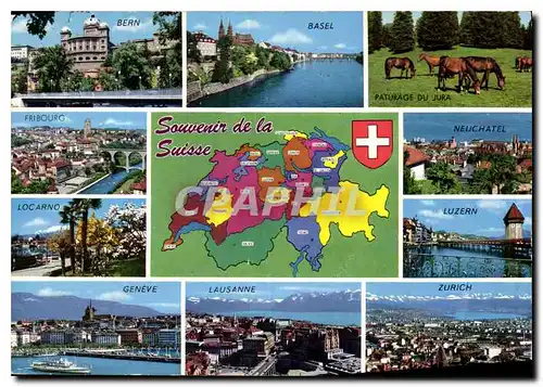 Moderne Karte Souvenir de la Suisse Bern Basel Paturage du Jura Fribourg Locarino Geneve Lausanne Zurich Luzer