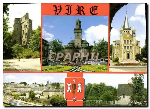 Moderne Karte Vire Calvados les ruines du vieux donjon la Porte Horloge L'Eglise Sainte Anne les bords de la V